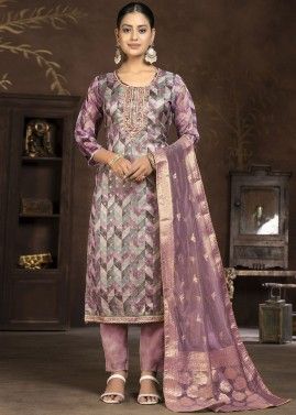 Mauve Pink Embroidered Organza Pant Suit