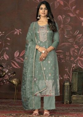 Straight Cut Embroidered Pant Suit In Sage Green
