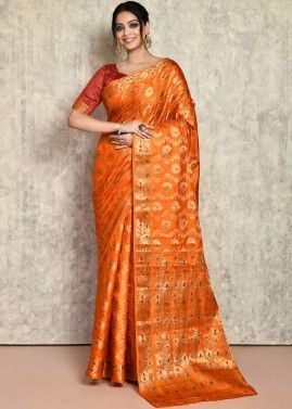 Orange Kanjivaram Silk Zari Woven Saree