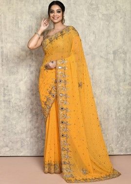 Yellow Embroidered Georgette Saree & Blouse