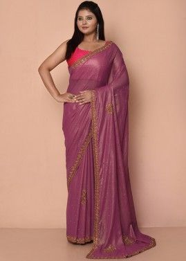Mauve Pink Embroidered Georgette Saree
