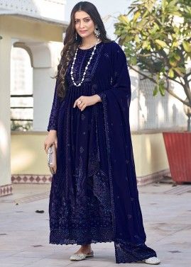 Dark Blue Embroidered Anarkali Suit In Georgette