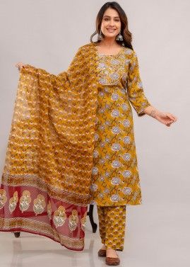 Yellow Readymade Cotton Printed Pant Suit