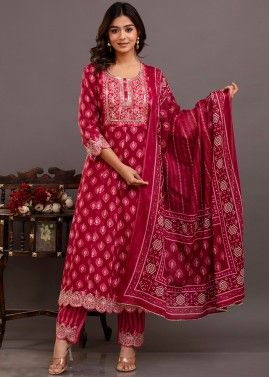 Magenta Cotton Readymade Printed Anarkali Suit