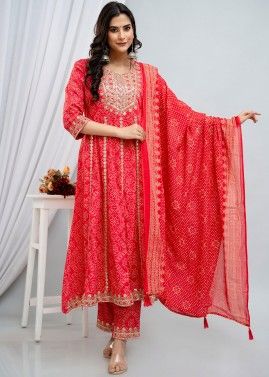 Red Cotton Readymade Anarkali Suit In Embroidery
