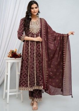 Wine Readymade Cotton Pant Suit In Print