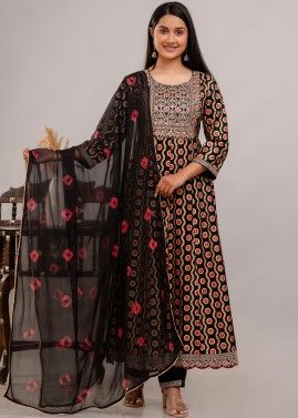 Readymade Embroidered Anarkali Suit In Black