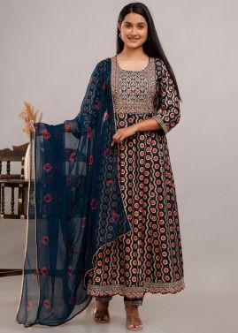 Teal Blue Readymade Embroidered Anarkali Suit