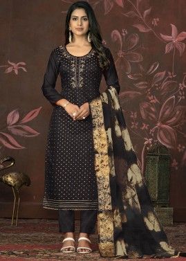 Black Art Silk Pant Suit In Thread Embroidery
