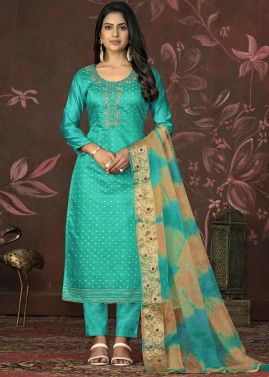 Straight Cut Embroidered Pant Suit In Turquoise