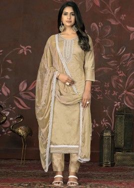 Beige Organza Pant Suit In Thread Embroidery