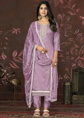 Straight Cut Embroidered Pant Suit In Lavender