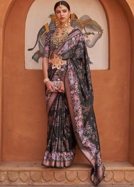 Black Art Silk Saree In Floral Print