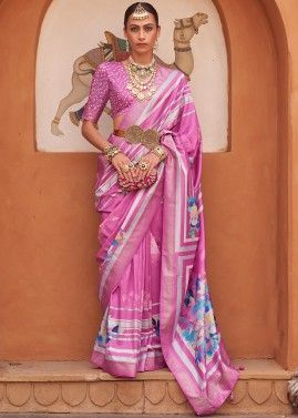 Pink Art Silk Saree & Blouse In Floral Print