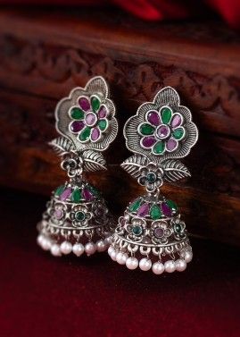 Multicolor Stone Work Oxidised Jhumka Earrings