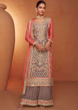 Readymade Brown & Coral Red Embroidered Sharara Suit Set