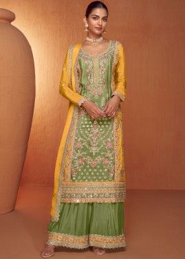 Readymade Green & Yellow Embroidered Sharara Suit