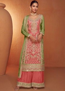 Readymade Coral Red & Green Embroidered Sharara Suit