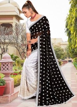 Black & White Half N Half Embroidered Saree 