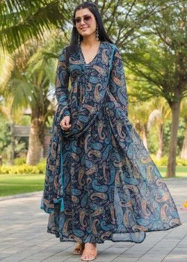 Readymade Blue Printed Anarkali Suit