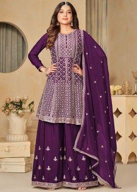 Purple Embroidered Chiffon Sharara Style Suit