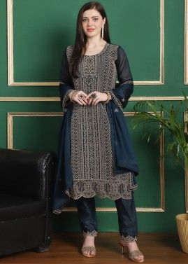 Teal Blue Georgette Pant Suit In Dori Embroidery