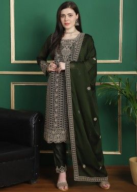 Olive Green Dori Embroidered Georgette Pant Suit 