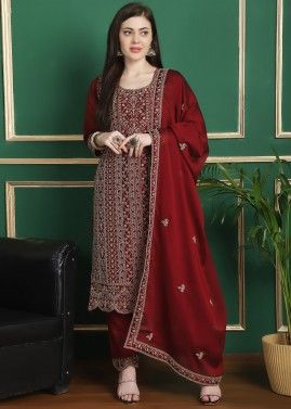 Red Dori Embroidered Georgette Pant Suit Set