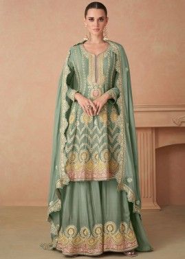 Sage Green Readymade Embroidered Chiffon Flared Style Sharara Suit