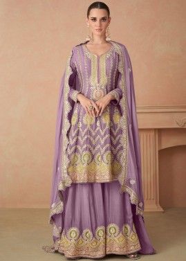 Lavender Readymade Embroidered Chiffon Flared Style Sharara Suit Set