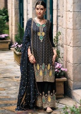 Blue Embroidered Palazzo Suit Set
