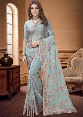 Blue Resham Embroidery Saree In Georgette