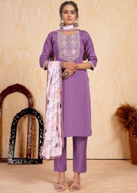Readymade Embroidered Viscose Pant Suit In Purple