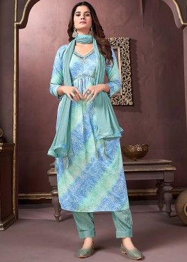 Blue Rayon Readymade Pant Suit In Bandhej Print