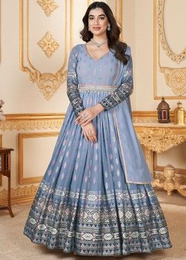 Readymade Foil Printed Anarkali Suit In Powder Blue 