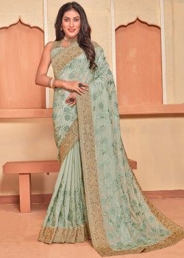Green Embroidered Saree In Crape