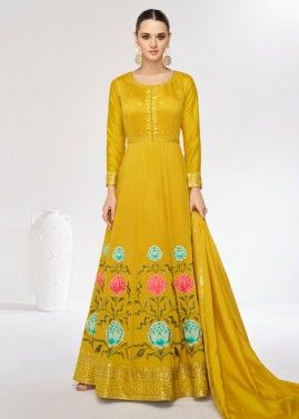 Yellow Floral Printed Art Silk Readymade Anarkali Suit