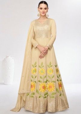 Beige Floral Printed Readymade Anarkali Suit In Art Silk