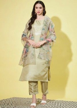 Pastel Green Readymade Art Silk Embroidered Pant Suit Set