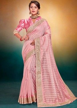 Pink Sequins Embellished Saree In Tissue