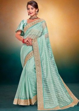 Blue Embroidered Saree In Tissue
