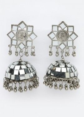 Silver Mirror Work Jhumka Style Earrings
