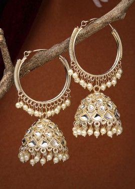 White Kundan Studded Earrings In Jhumka Style 