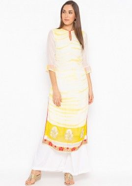White and Yellow Tie-Dye Print Readymade Kurta