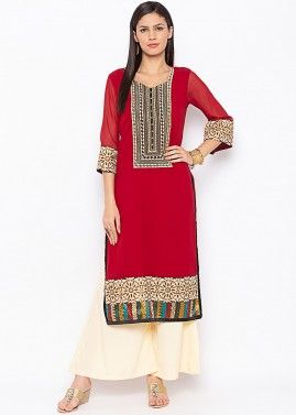 Red Embroidered Straight Cut Long Kurta