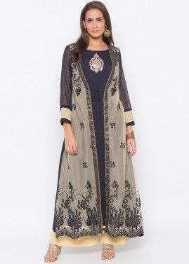 Navy Blue Embroidered Attached Jacket Style Kurta