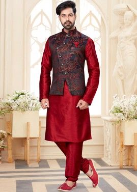 Maroon Kurta Churidar Set With Asymmetric Printed Nehru Jacket