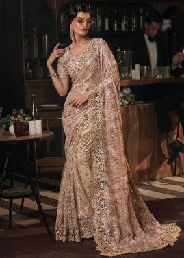 Beige Embroidered Contemporary Style Net Saree