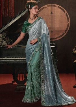 Green Embellished Net Saree With Blouse