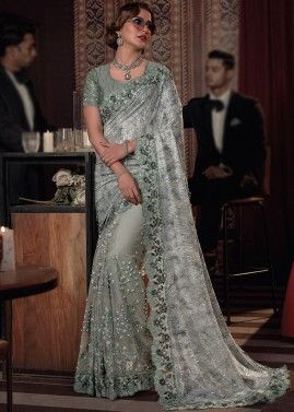 Green Embroidered Saree In Net